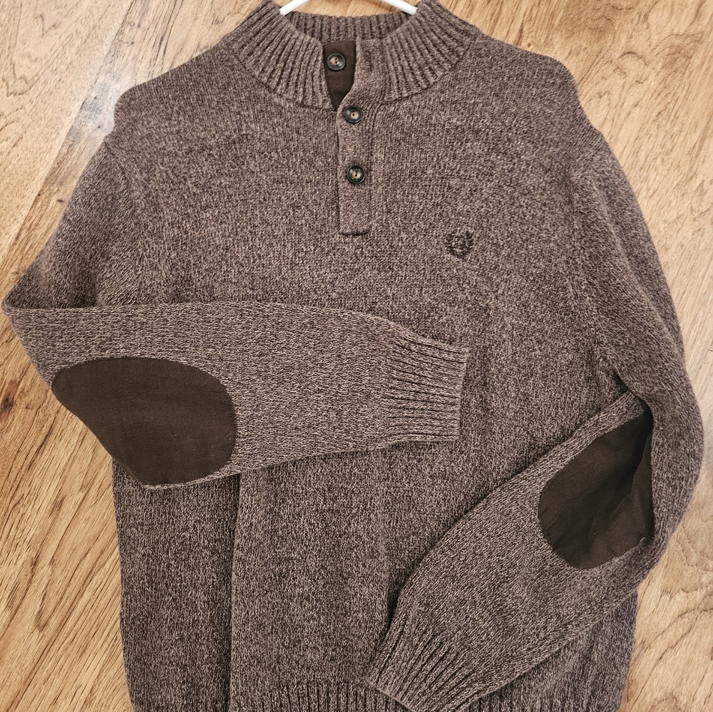 Chaps Large Brown Button Up Neck Long Sleeve Sweater with Elbow Patch Men - Picture 1 of 5